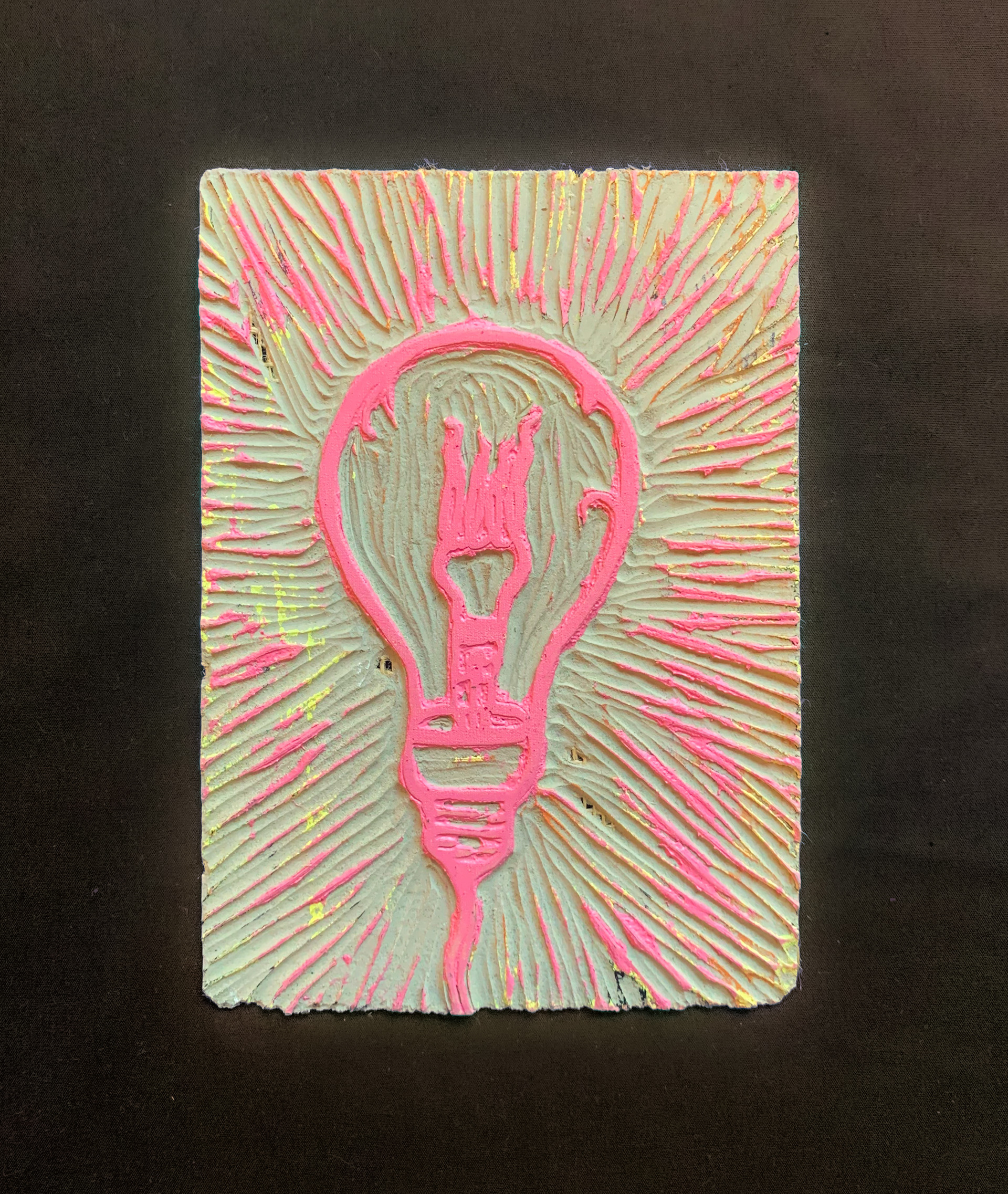 "Lightbulb Moment" carved linocut board with light pink ink, 5 x 7 in, 2020