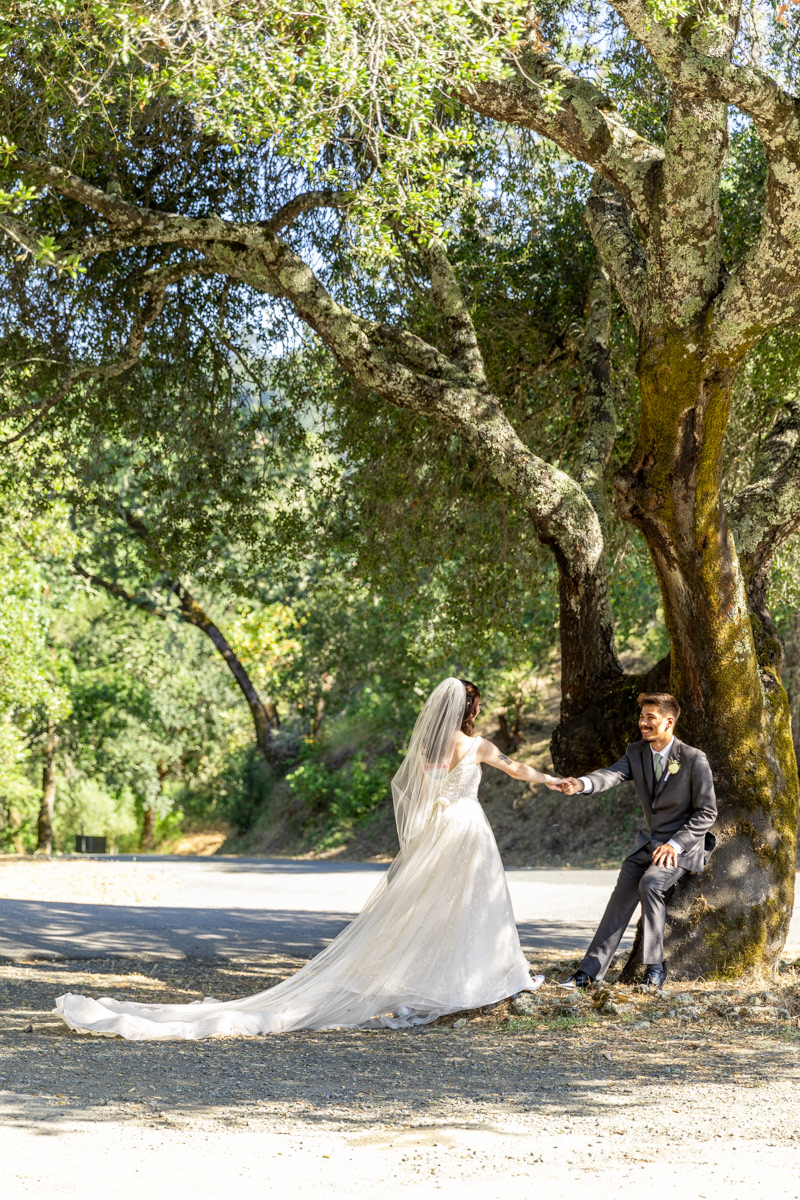 bride-stands-and-hold-the-grooms-hand-under-a-large-oak-tree-in-Calistoga