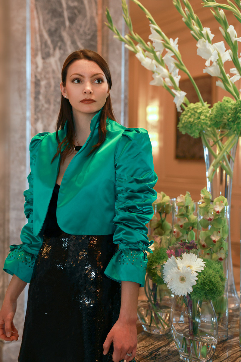 woman-green-satin-jacket-flowers