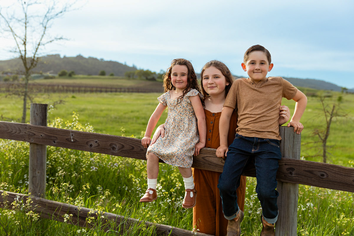 Three-children-sit-standon-a-low-fence-in-a-field-of-wild-flowers