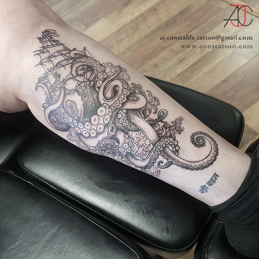 Kraken and Ship tattoo - AJ Constable