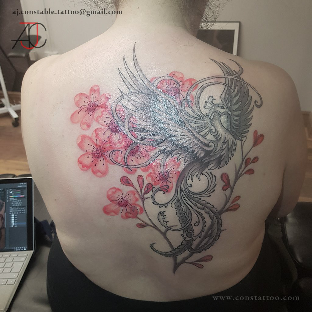Colour phoenix tattoo with cherry blossom