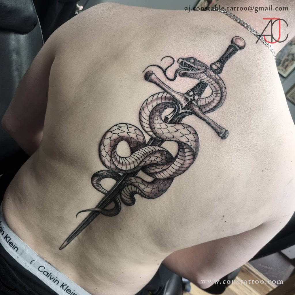 Back Snake and Sward Tattoo - AJ Constable Tattoo