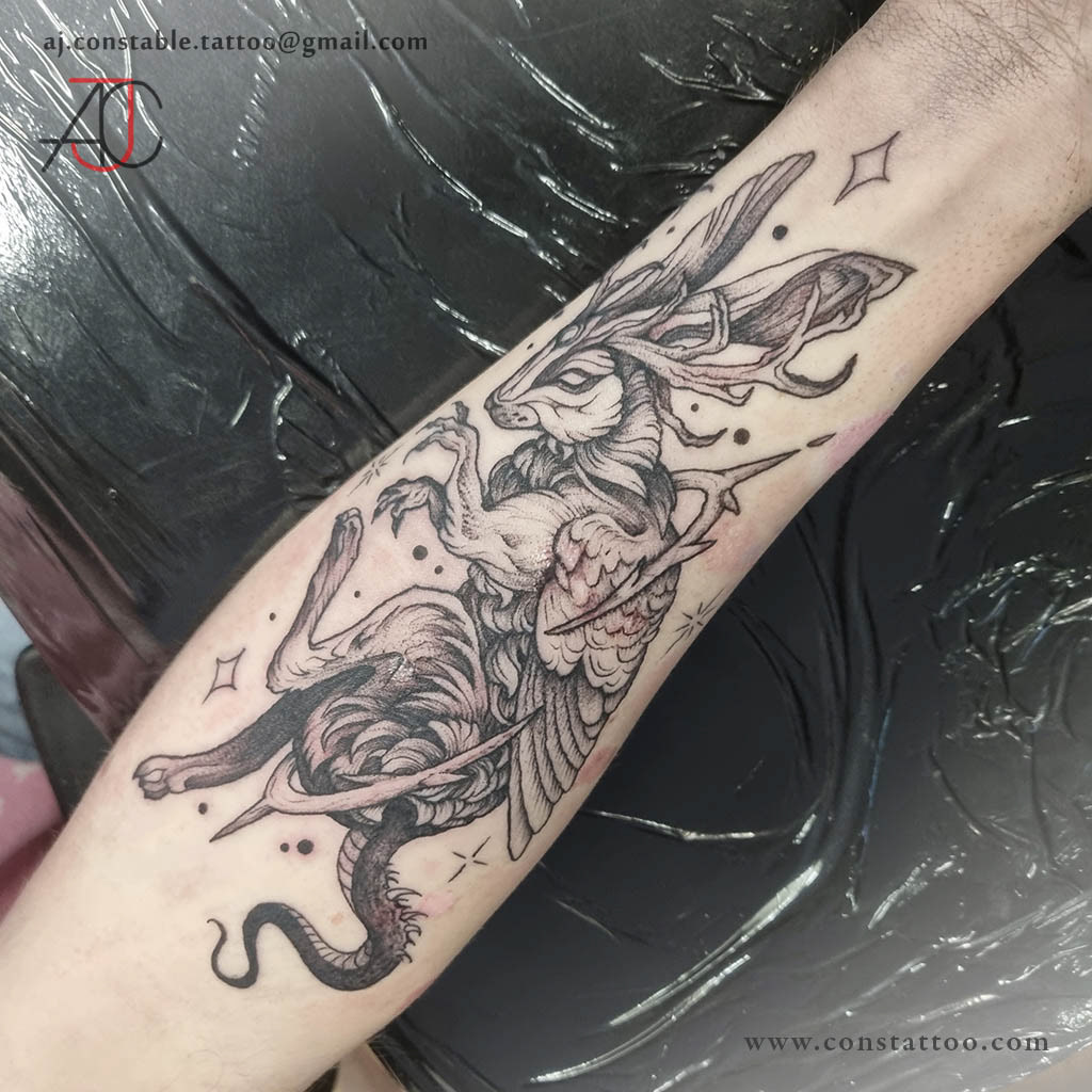 Black and Grey Jackalope Tattoo