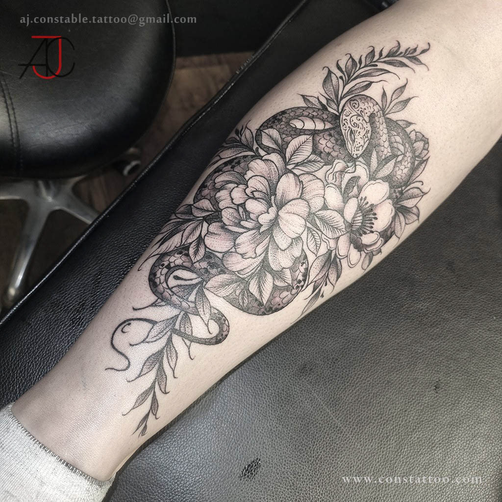Floral Snake Leg Tattoo - AJ Constable
