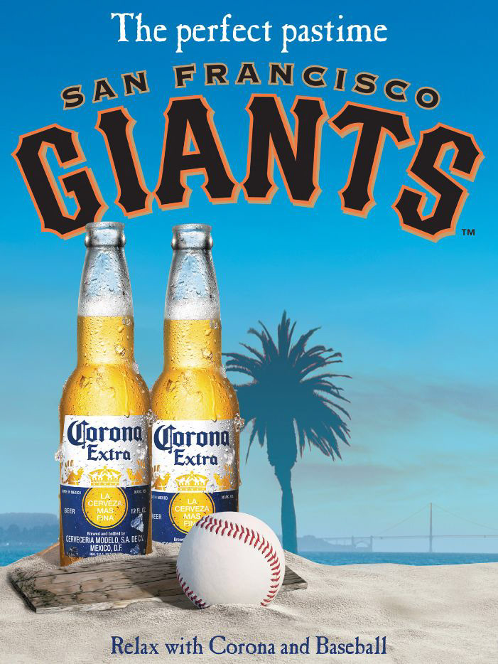 Corona and San Francisco Giants retail promotion, with the headline The perfect pastime above baseball lettering and two beverage bottles.