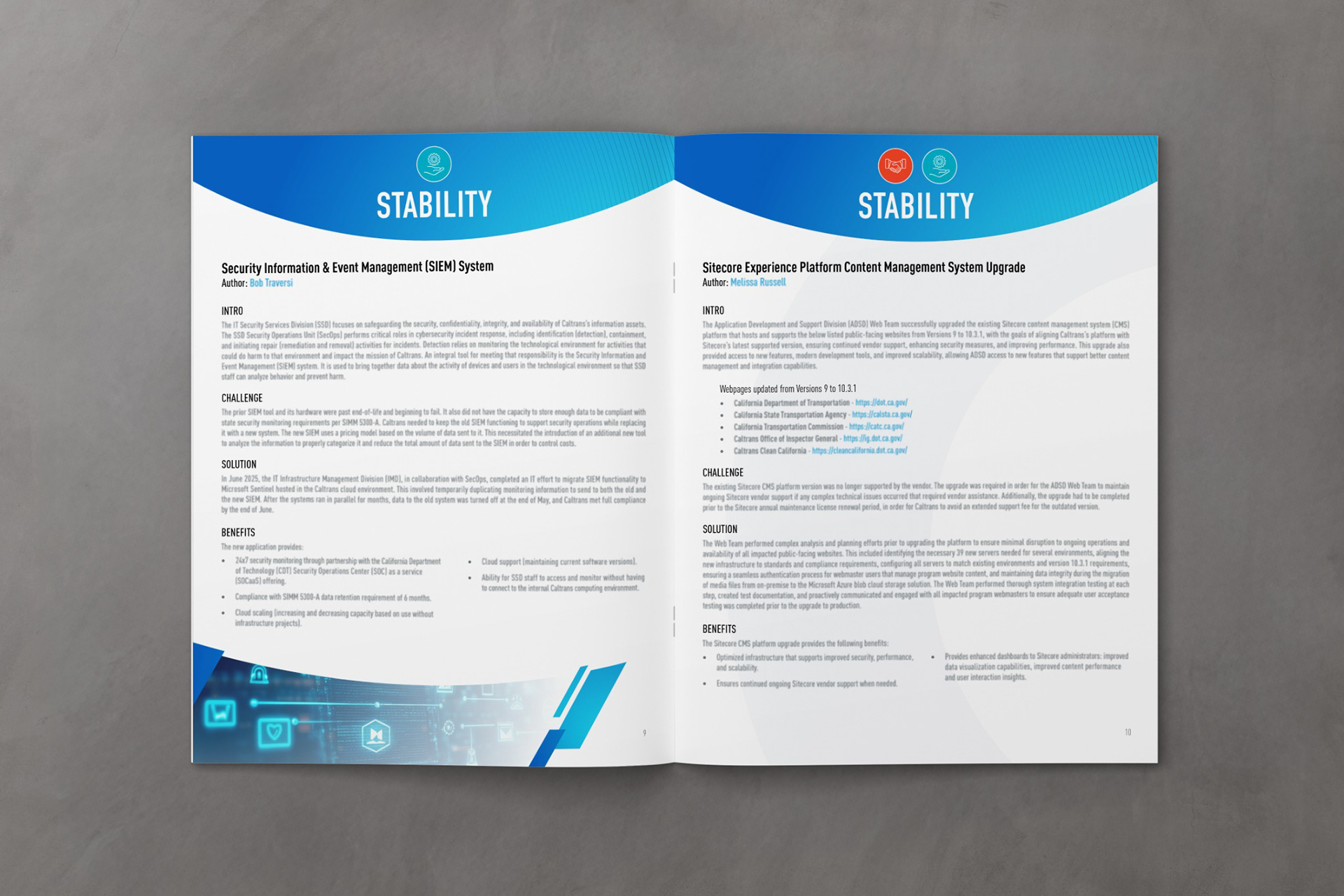 Caltrans IT annual performance report Stability spread, showing the SIEM system and Sitecore CMS upgrade pages in an open report mockup.
