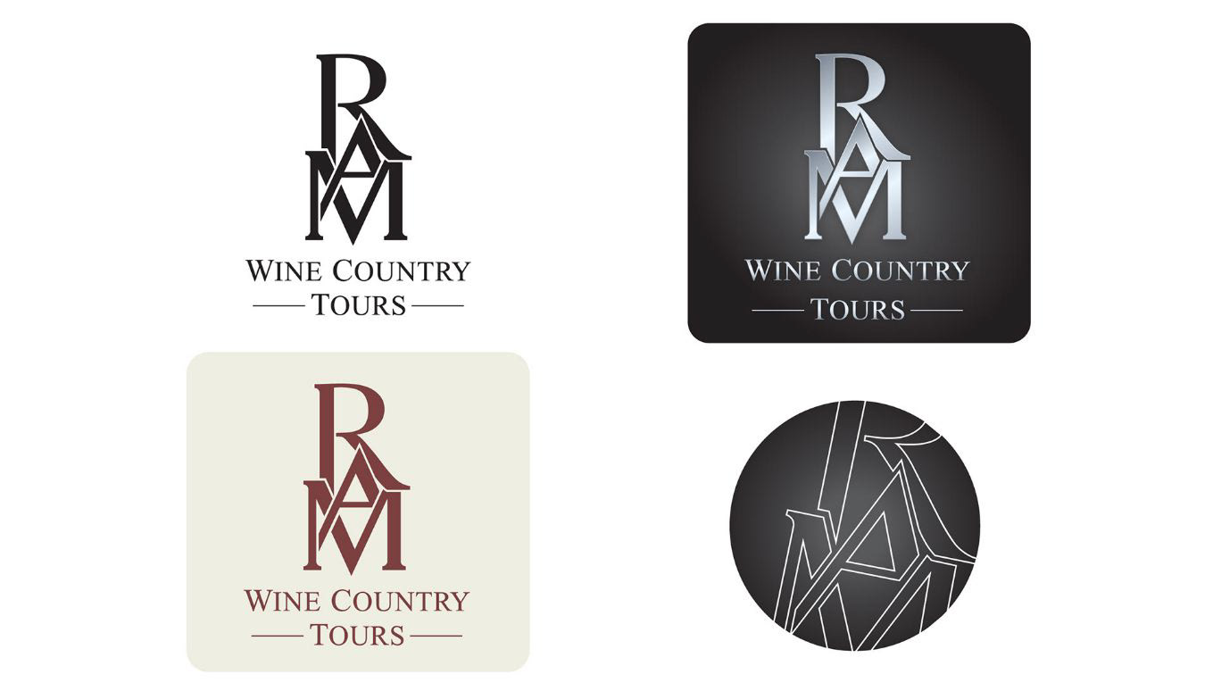 Four RAM Wine Country Tours identity variations, including typographic monograms, light and dark treatments, and a circular mark.
