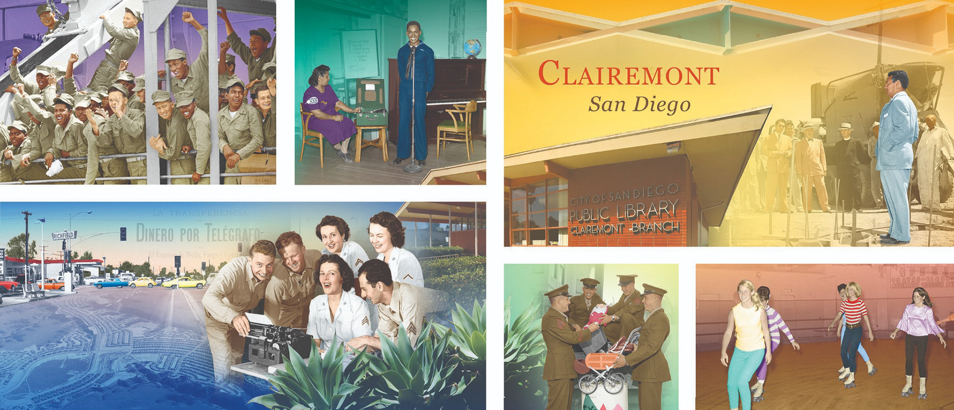 Full Clairemont San Diego mural composition, with colorful archival neighborhood scenes arranged across separate panels.