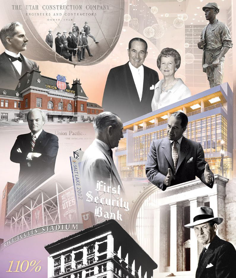 Complete Eccles and First Security Heritage Mural composition, combining archival portraits, Utah landmarks, and banking history.