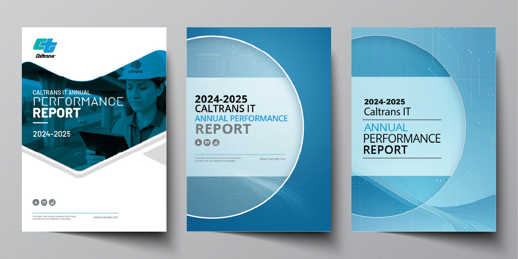 Initial Caltrans IT Annual Performance Report cover concepts 4–6, showing three original cover designs as paper mockups.