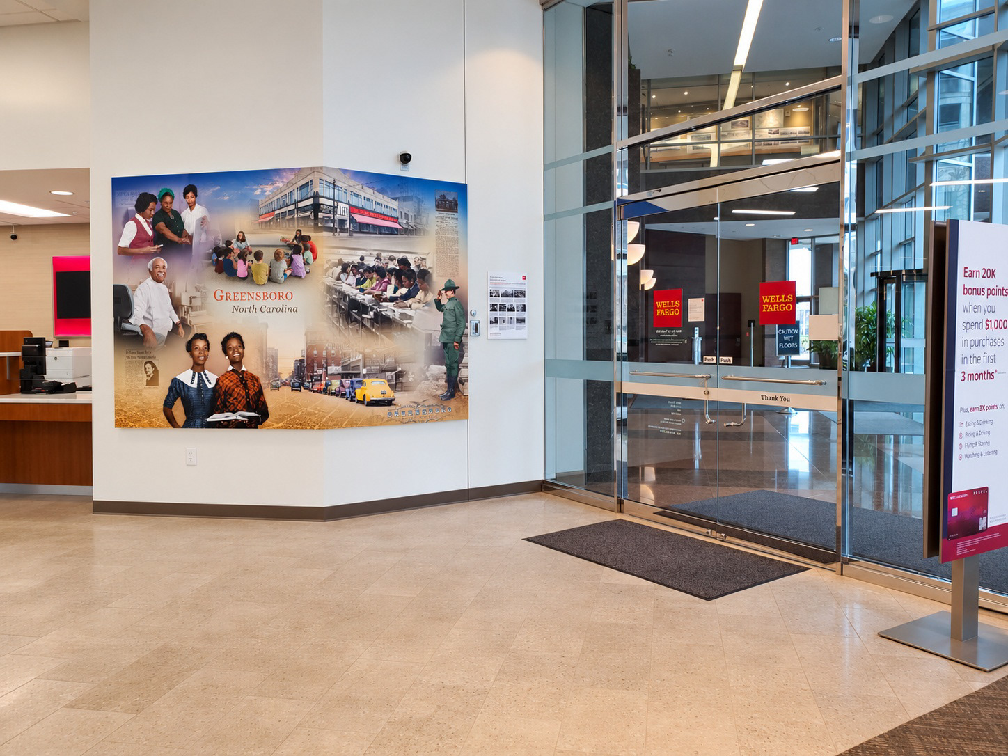 Greensboro mural installation, lobby view