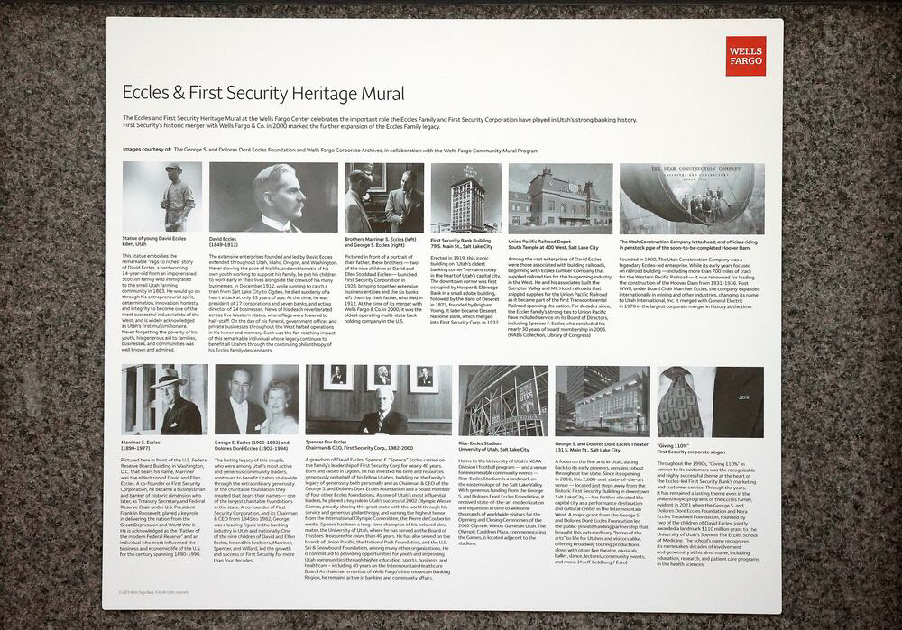 Eccles and First Security Heritage Mural key, with original archival photographs and captions describing the people, buildings, and events in the mural.