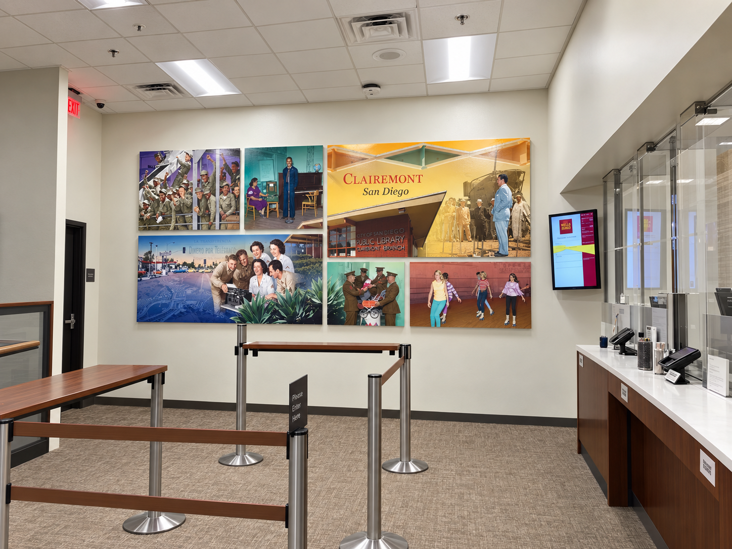 The Clairemont mural panels installed in the Wells Fargo branch lobby.