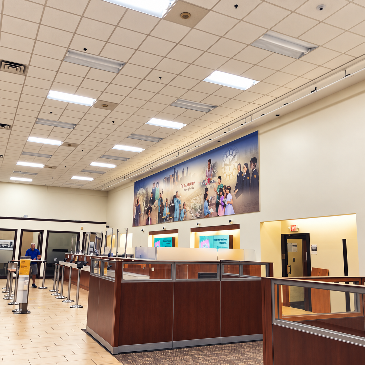 The Market Street Philadelphia mural in its branch setting, showing the scale above the service counter.
