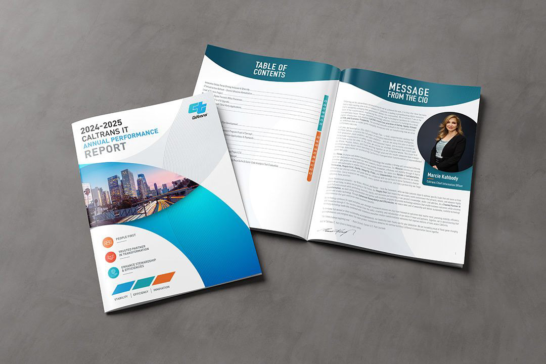 Finished Caltrans IT annual performance report cover beside its opening table of contents and message from the CIO spread.