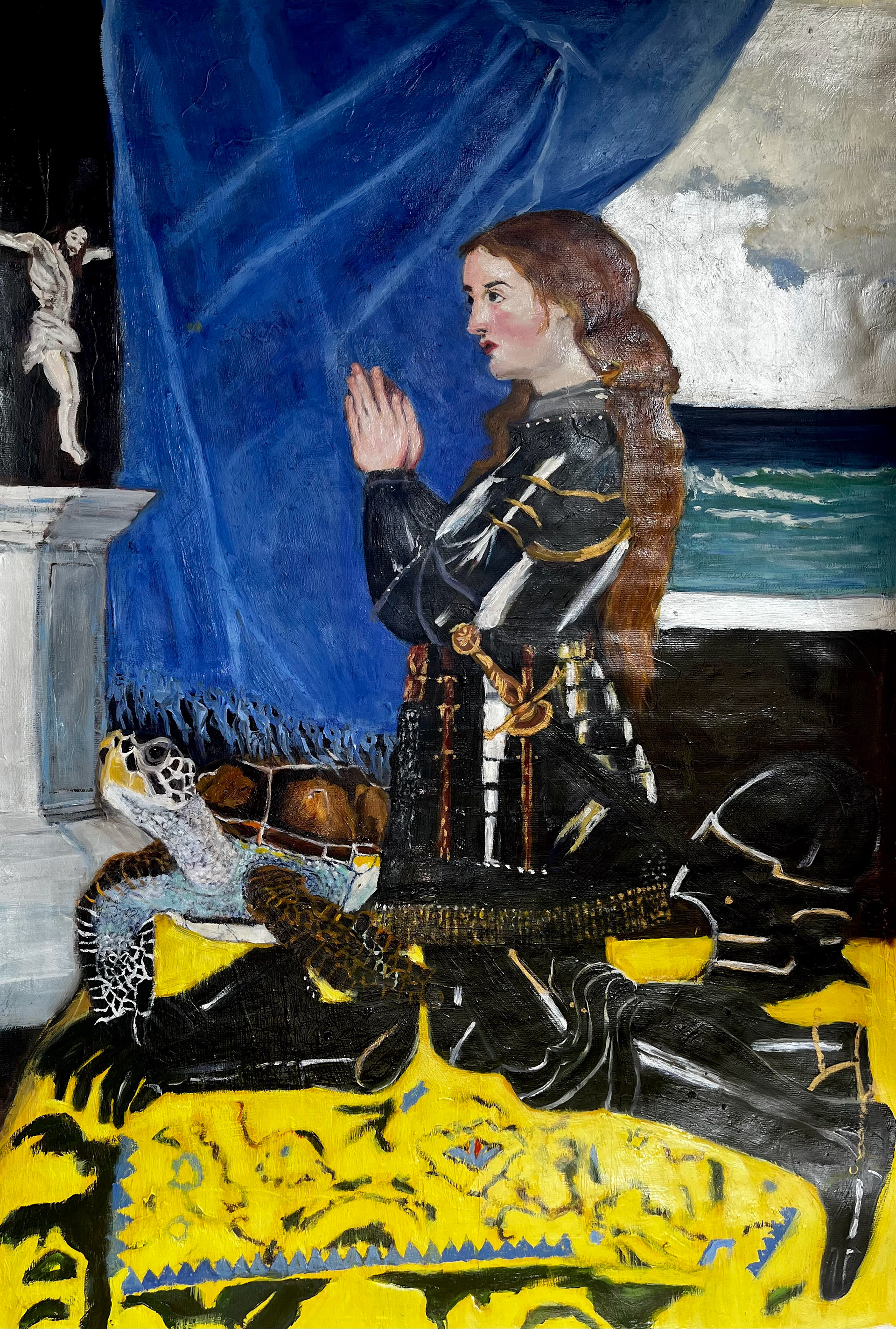 In essence, this artistic interpretation of Joan of Arc's portrait not only celebrates her historical significance but also provides a platform for contemplation and inspiration. It prompts viewers to recognize the enduring relevance of her unwavering faith, courage, and resilience. By drawing inspiration from Joan's powerful gesture and composition, the artist acknowledges the universal need for bravery in the face of adversity, emphasizing the enduring impact of her legacy on the human spirit and the interconnectedness of all sentient beings.