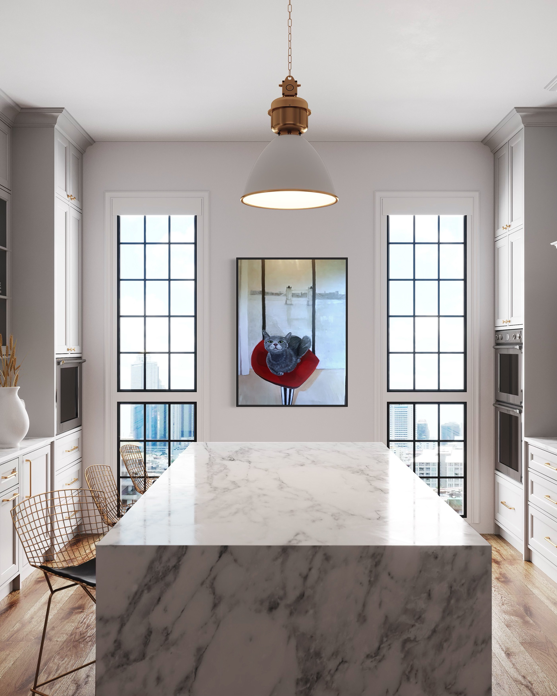 Yogurt  Commission Oil on Canvas 24”x36  #fluxexhibition #londonexhibitions #Artforsale #originalart #artiststudio #giovannadarco #thefluxreviewmagazine  #modernart #artexhibitions  #thefluxexhibition  #artcollectors #artlovers #londonartscene  #artadvisor #artforsale #lifestyle #magazinefeature #contemporaryartist #art #interiordesign #abode2magazine #artcollectorsoftheworld #cubism #mixedmedia #surrealism #minimalism #popsurrealism #artforthesoul #coffeetablebooks #painting  #watergategallery #washingtondc #nycgalleries #Gagosian #Arte #Artgalerie #artistecontemporain #artsper_ #artselling #artseller #pitturacontemporanea #peinturecontemporaine #pinturacontemporanea #marcelaoliviadorantes In the utmost grandeur of visual artistry, my latest tableau, whimsically entitled "Yogurt," exudes an irresistible fusion of surrealism and realism. The primary subject is a felis catus, rendered with an acute veracity that all but breathes life into the canvas, gazing directly at the viewer with eyes brimming with an almost palpable contentment. The residence from which Yogurt gazes upon its owner is depicted with a comforting familiarity. An intoxicating juxtaposition forms the backdrop, presenting a marvellously monochromatic panoramic view of the architectural marvel that is the Tower Bridge, sketched against the vast expanse of the London skyline. The contrast between the minutiae of the cat's expression and the grandiosity of the cityscape evokes a profound sense of paradox, a delightful conundrum for the observer. Yogurt seems utterly unaffected by the iconic scenery unfolding behind him, reinforcing the simple, homely happiness derived from the loving gaze of his owner. A more poignant testament to both the ordinary and extraordinary facets of life one could hardly fathom.  Ah, but we must not omit the delightful peculiarity of Yogurt's perch, a vivid red stool, lending a dash of vibrancy to the scene. Resting on a black and white striped base, it beckons comparisons to a sweet stick of candy, an alluring whimsy that serves to further intrigue the viewer. The whimsical seat, straddling the line between the commonplace and the fantastical, seems to underscore the surreal-realist theme, anchoring the subject in a recognisable reality while suggesting an environment infused with the fantastical. This interplay, present even in Yogurt's chosen seat, gives the viewer a delightful taste of the absurd, adding yet another layer of richness to this already compelling work.