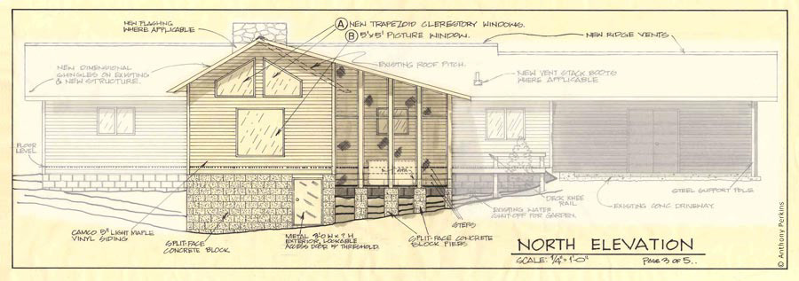 Hand-drawn house elevation showing renovations