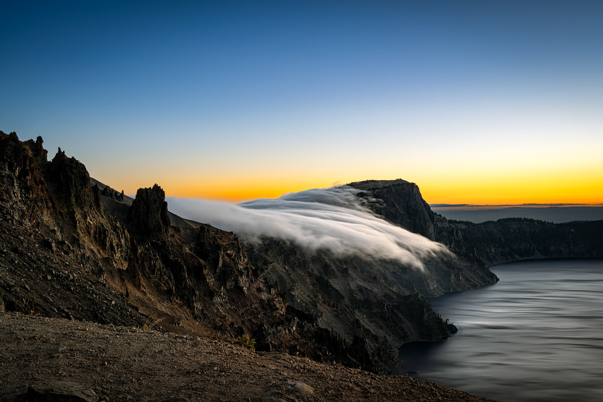 Sunrise Fog rolls into Crater Lake