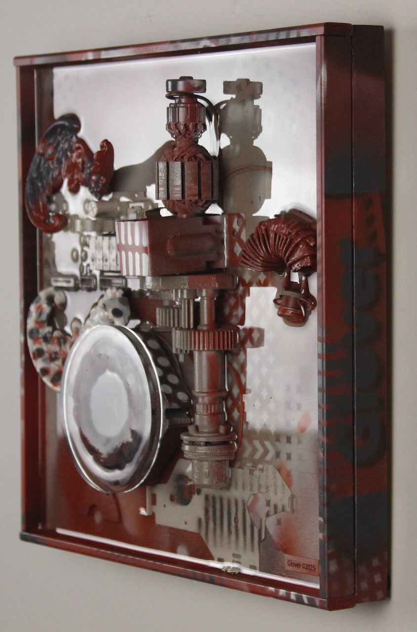 It spreads its wings to catch them and carries them off.; $990 (H:12” x W:12” x D:3.5”) Decorative lamp parts, machine parts, computer circuits, hand drill innards, spray paint, epoxy resin, wood base