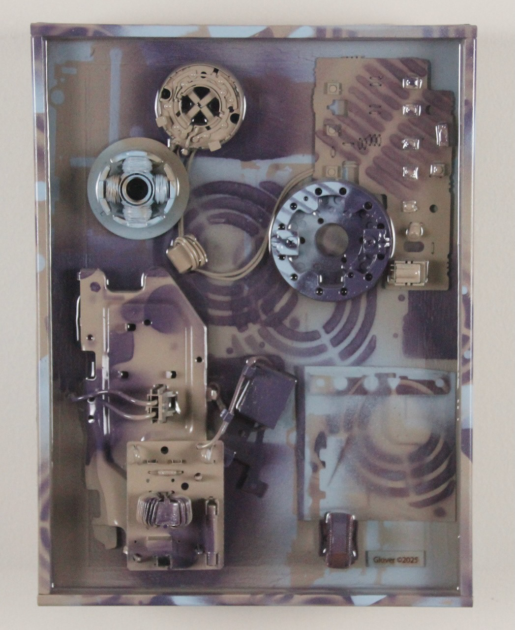 Times and Seasons; SOLD (H:12” x W:9” x D:5”) Assorted machine and computer parts, license plate section, spray paint, epoxy resin, canvas covered wood frame