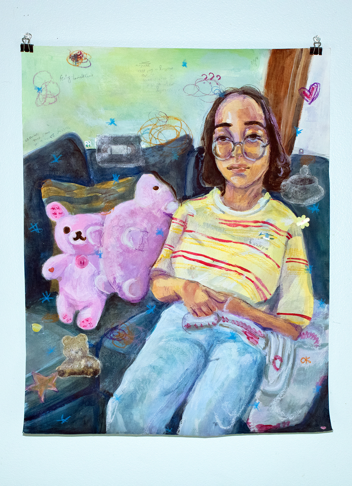 "watching tv or something," mixed media on paper, 19”x25,” 2021.