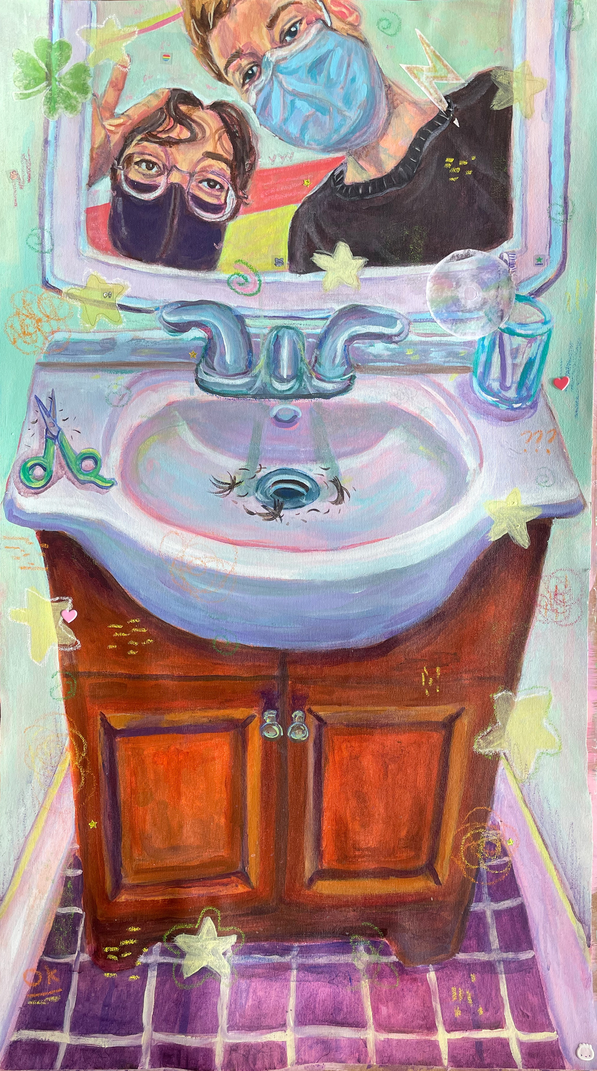 “Don’t Think Twice,” acrylic paint, oil pastel, graphite, acrylic transfer, and stickers on canvas, 38”x21,” 2022.