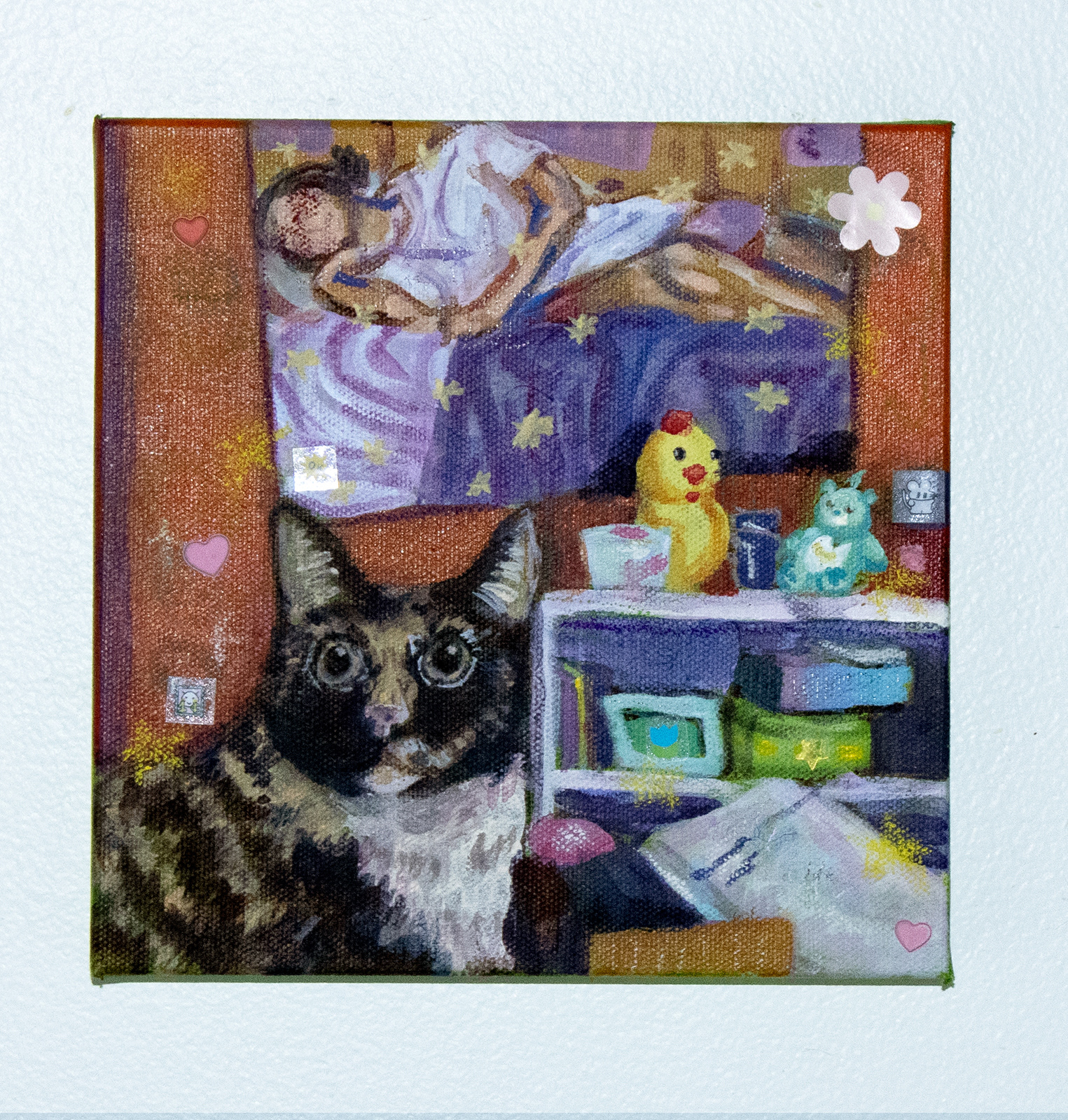 "why can't I just be a cat? (Ruby)," acrylic, oil pastel, and stickers on canvas, 8”x8,” 2021.