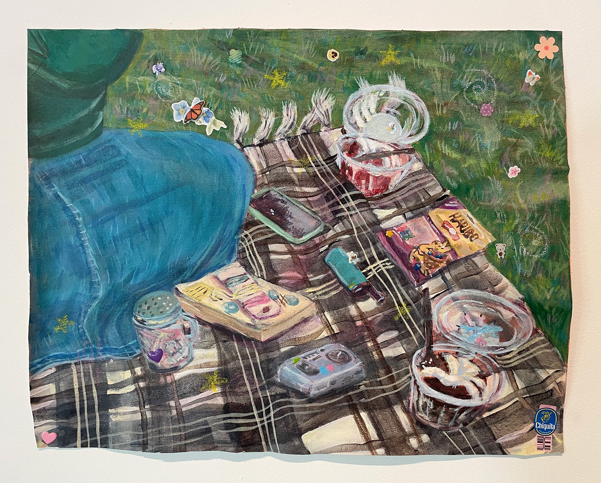 "Birthday Picnic," acrylic paint, oil pastel, and stickers on canvas, 16"x19.5," 2023.