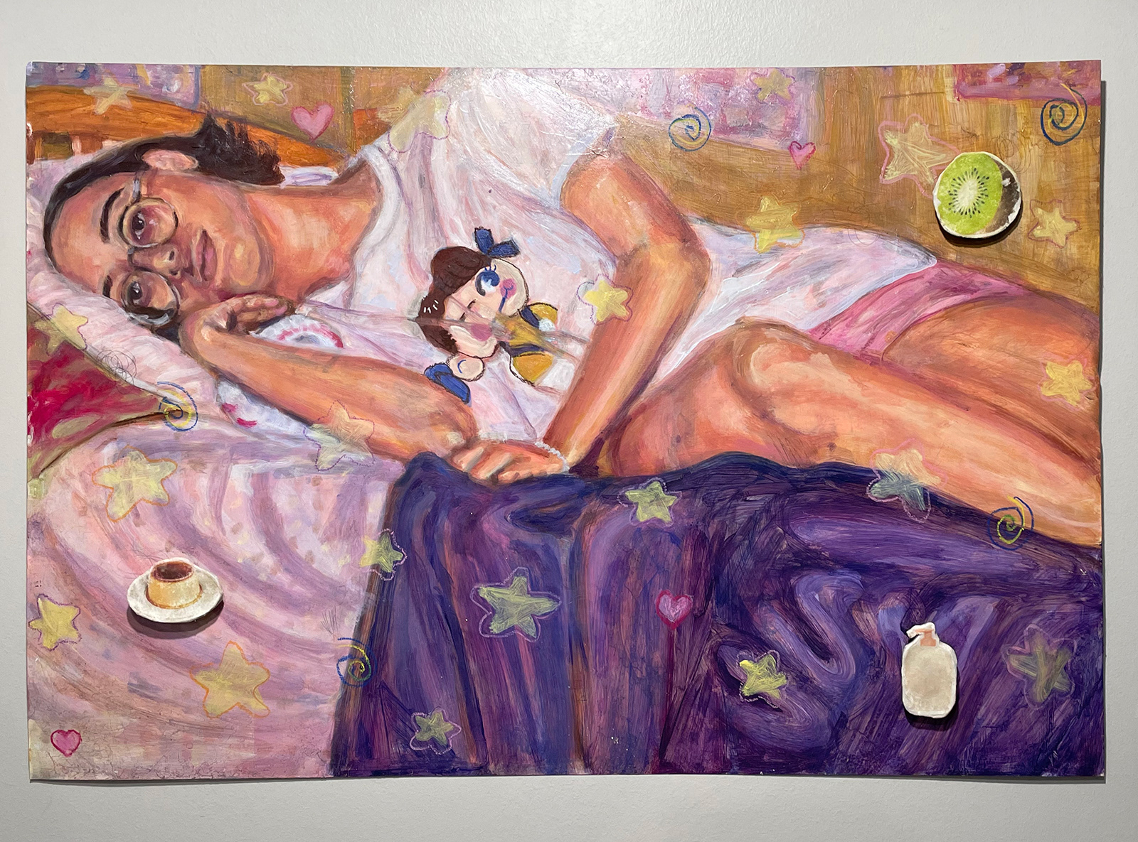 "just laying there," oil and acrylic transfer sculpey cookies on aluminum, 24”x36,” 2021.