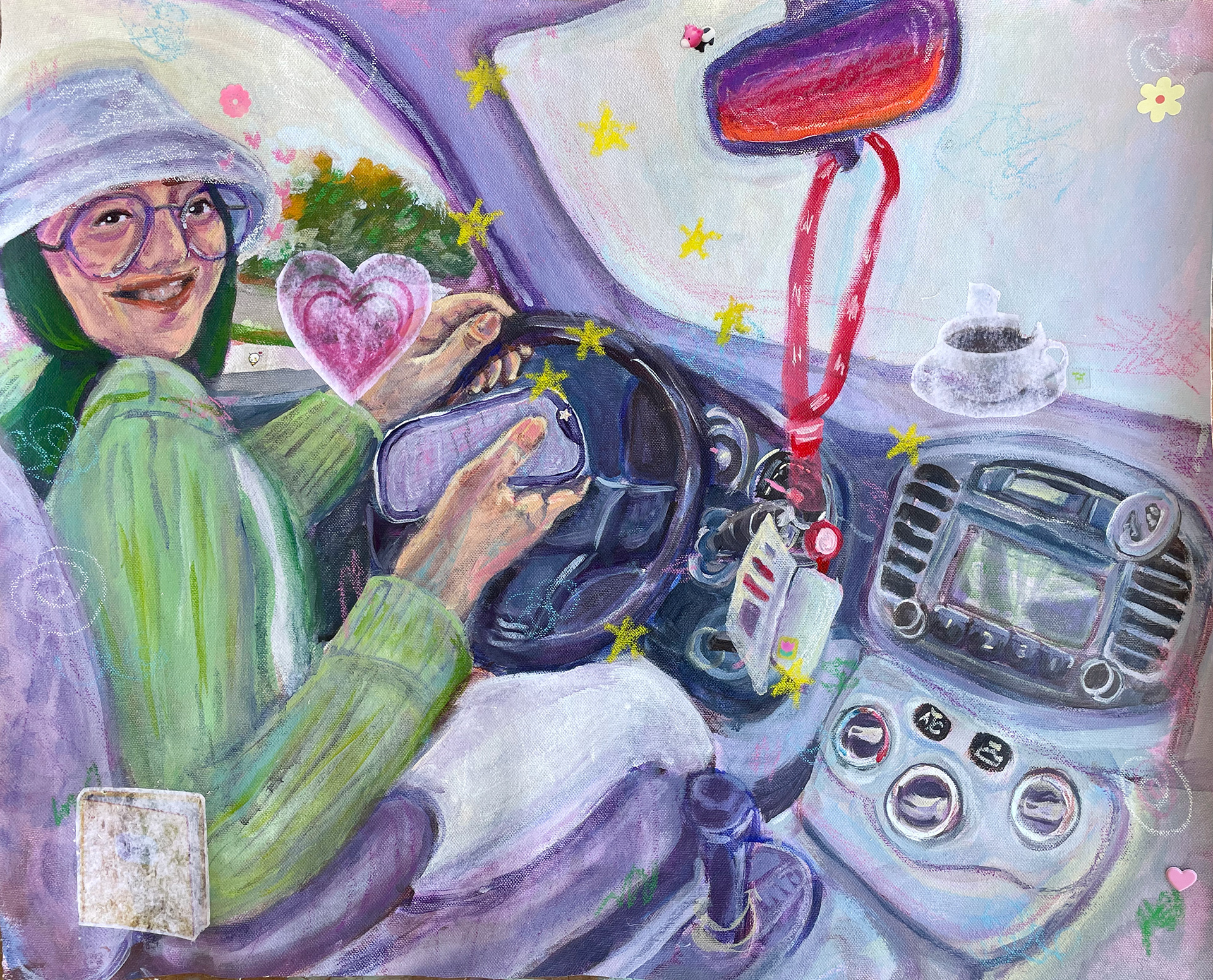 "Just Keep Driving," acrylic paint, oil pastel, graphite, acrylic transfer, stickers on canvas, 23.5”x 19.5,” 2022.