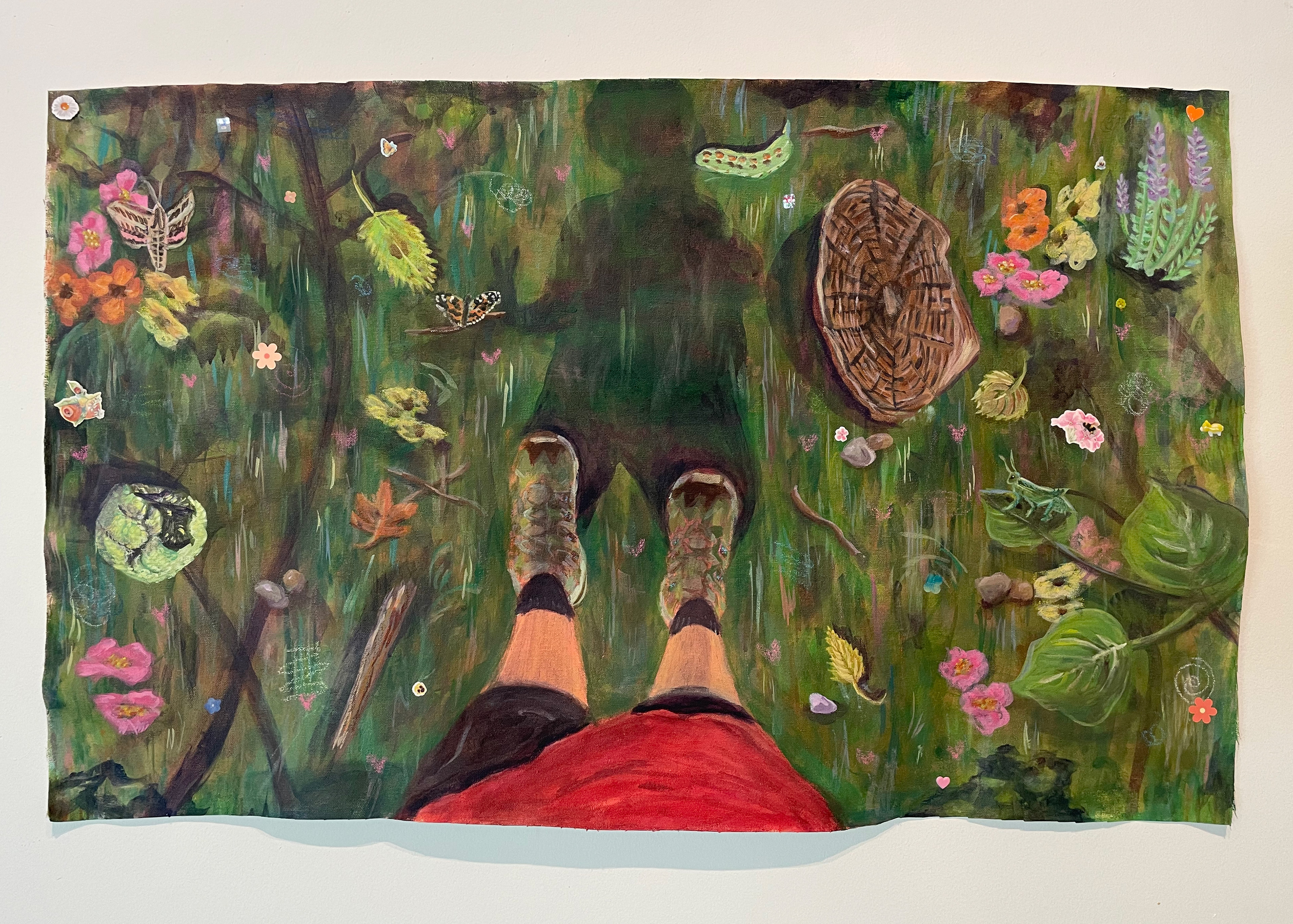"Beneath My Feet," acrylic paint, oil pastel, and stickers on canvas, 22"x35," 2023.