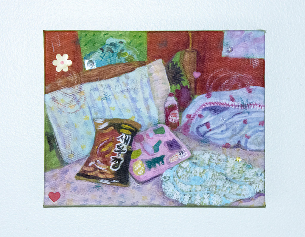 "resting place," acrylic, oil pastel, and stickers on canvas, 8”x10,” 2021.