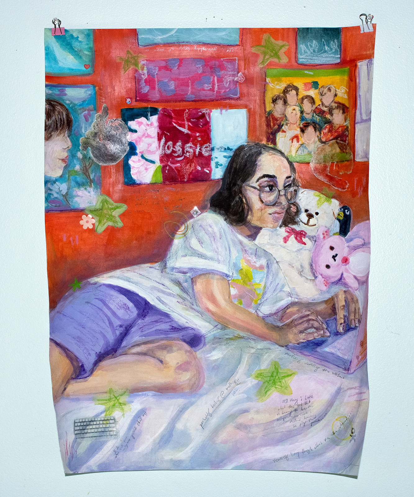 "playing on the computer or something," mixed media on paper, 19”x25,” 2021.
