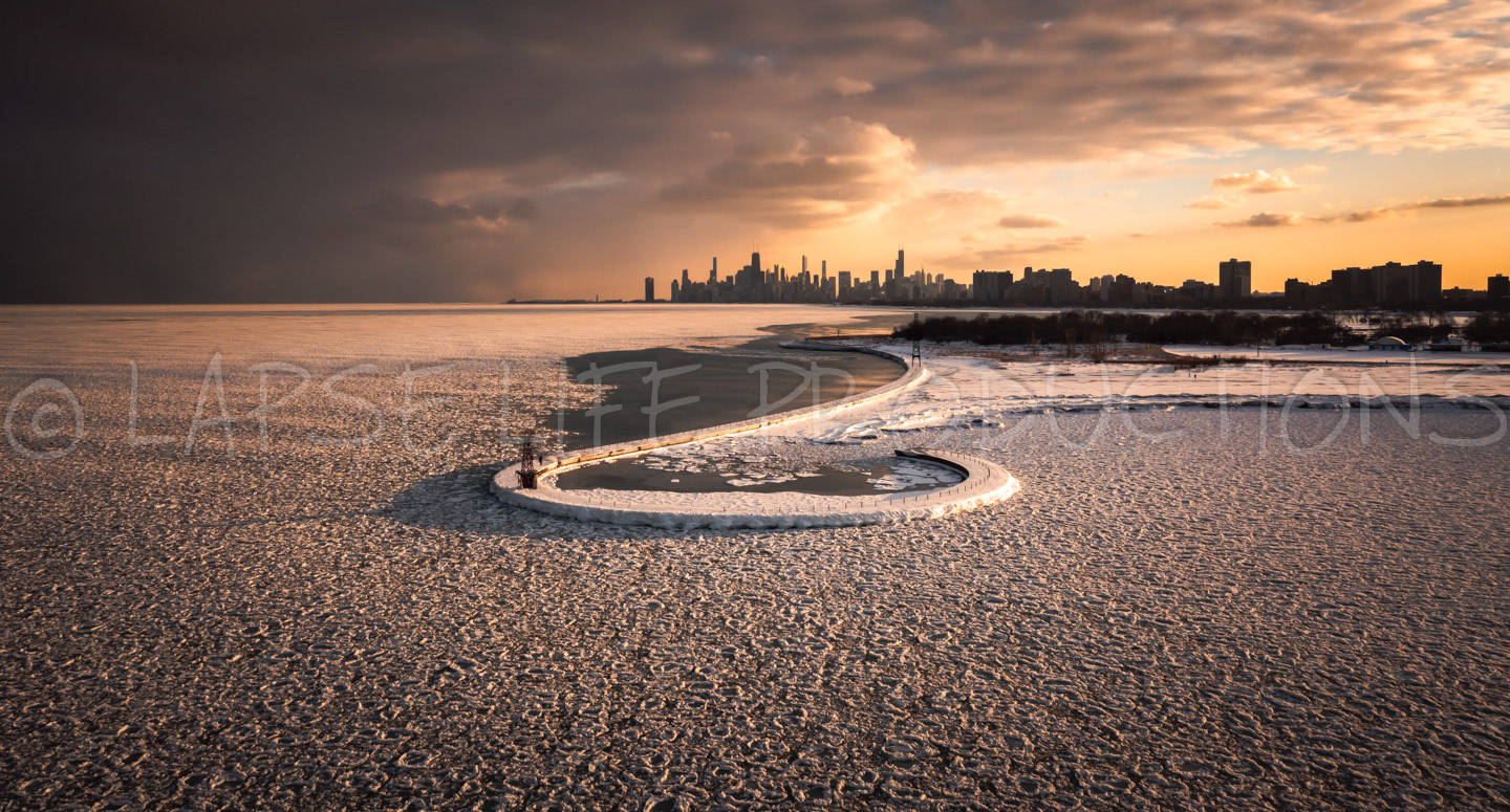 Chicago Winter Sunset Aerial