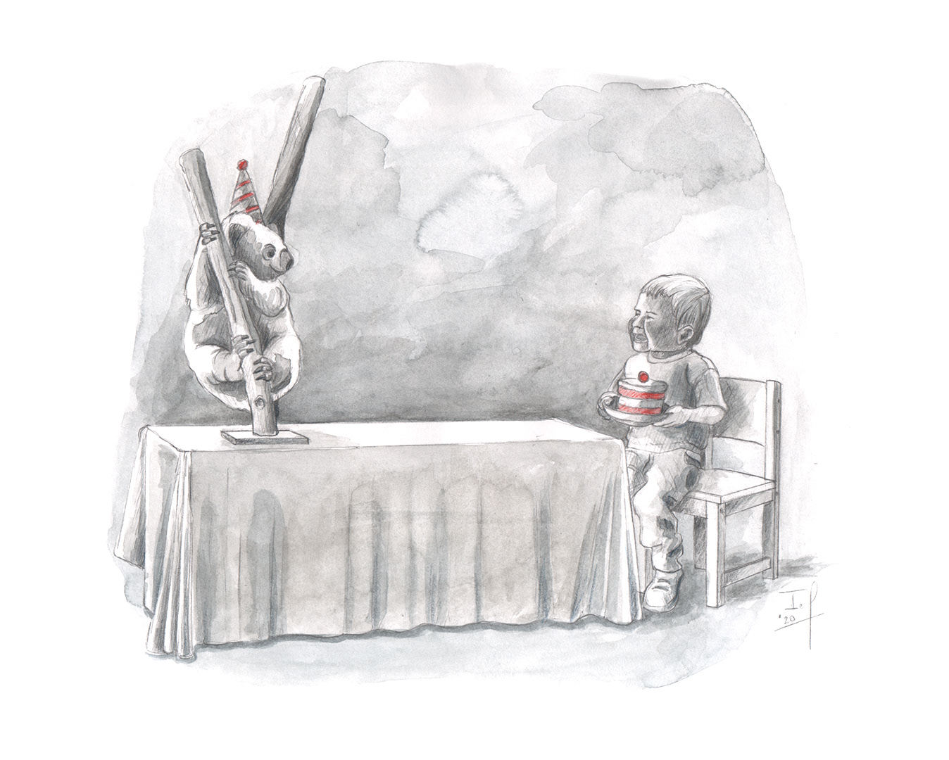 Taart voor de koala (2020) - grafietpotlood, aquarelverf & aquarelpotlood - 320 mm B x 240 mm H