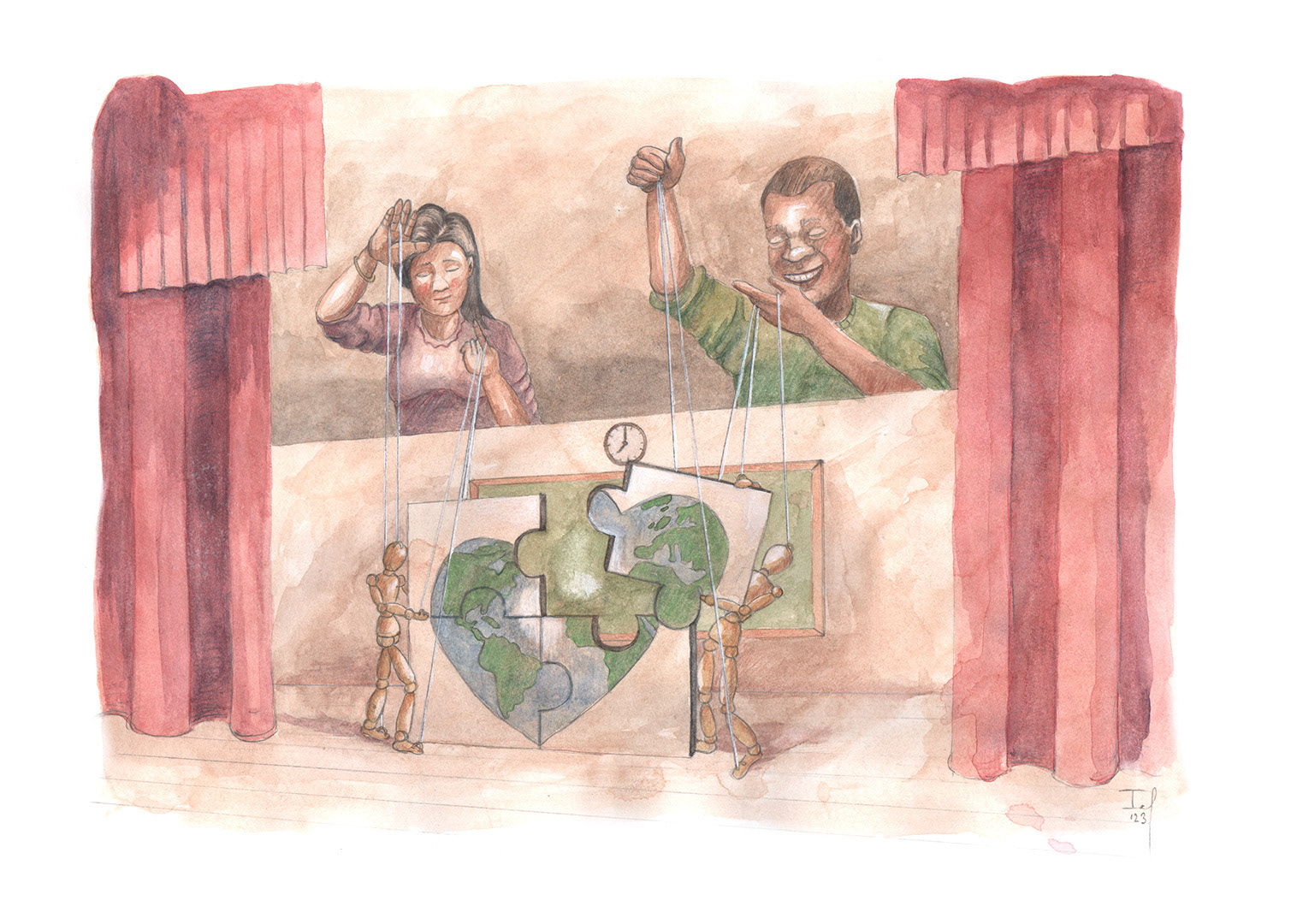Het poppentheater #2 (2023) - grafietpotlood, aquarelverf, aquarelpotlood & inkt - 420 mm B x 297 mm H