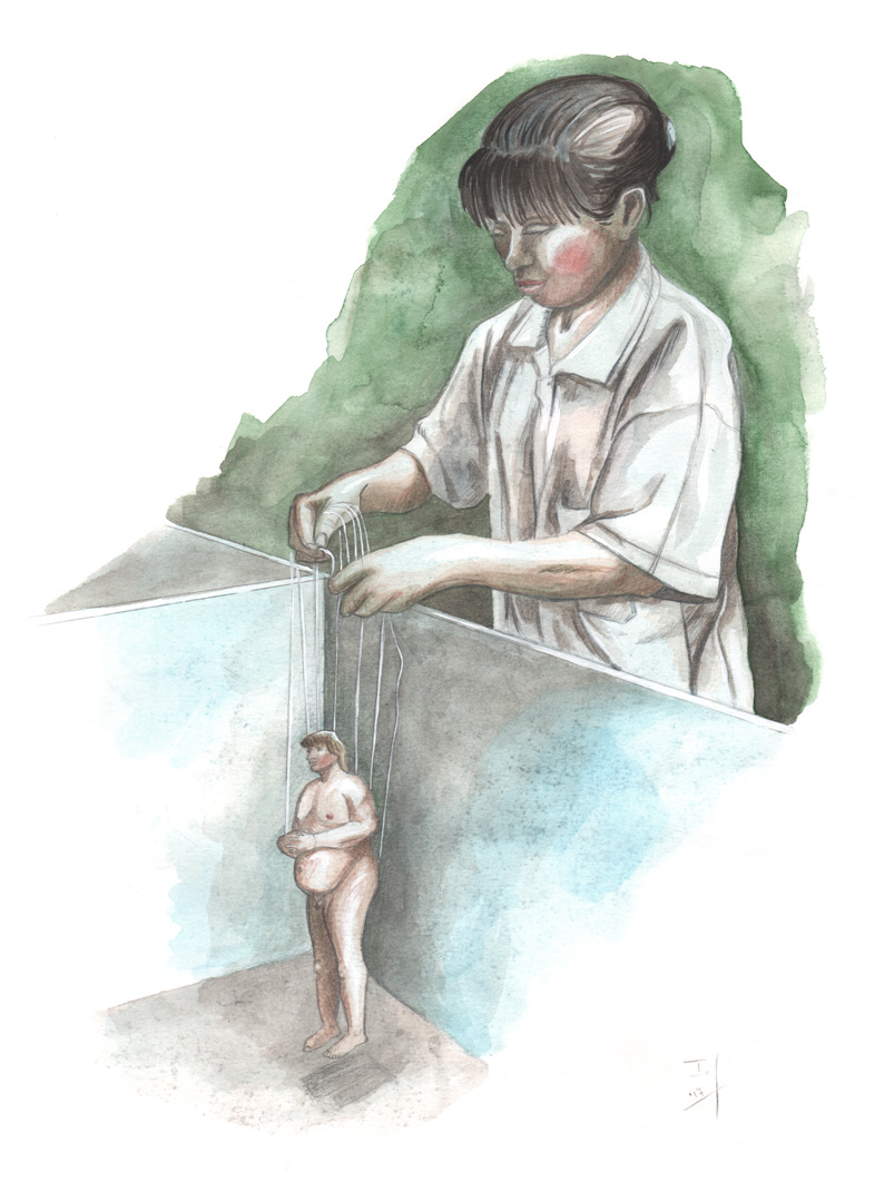 De poppenspeelster (2017) - grafietpotlood, inkt, aquarelverf & aquarelpotlood - 297 mm B x 420 mm H