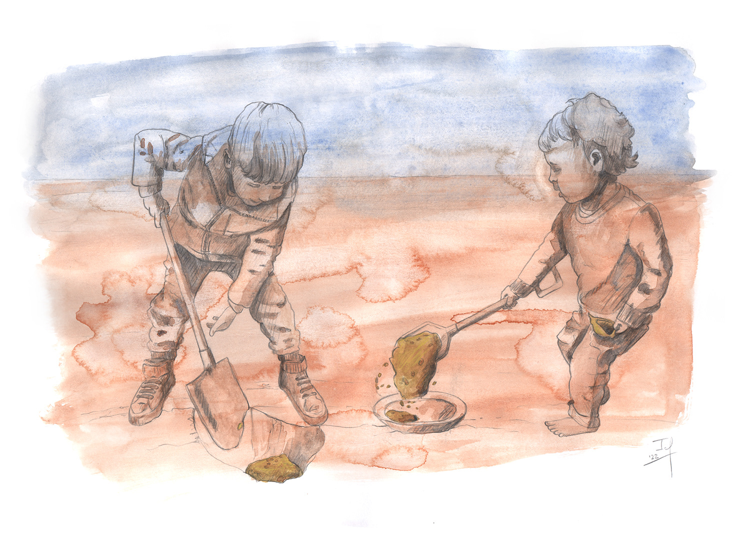 De goudzoekers (2022) - grafietpotlood, aquarelverf & aquarelpotlood - 420 mm B x 297 mm H