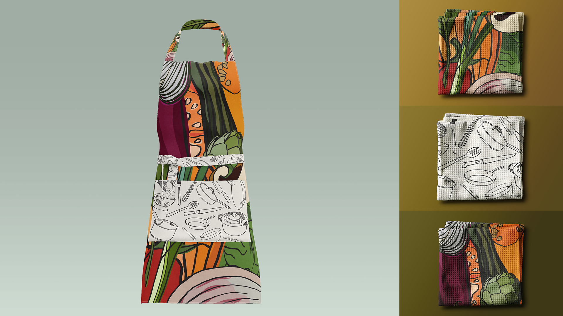 apron with vegetable texture fabric and three washcloths with vegetable and cooking utensil print.