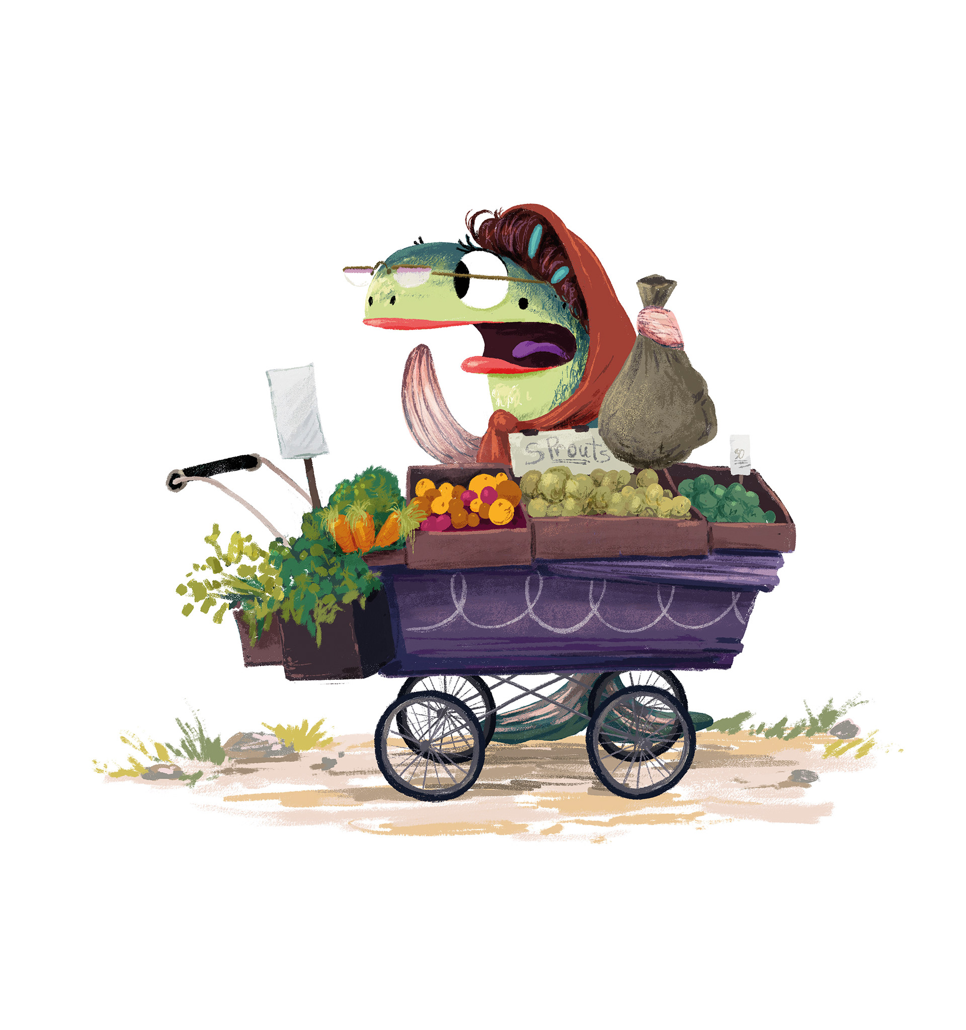 Sam Trout selling Sprouts - spot illustrations for a phonics book series