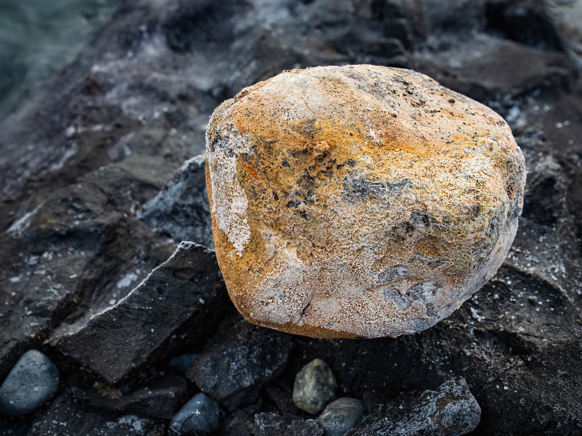 A warm-toned rock, coated with carbonate precipitates, contrasts a cool volcanic shore.