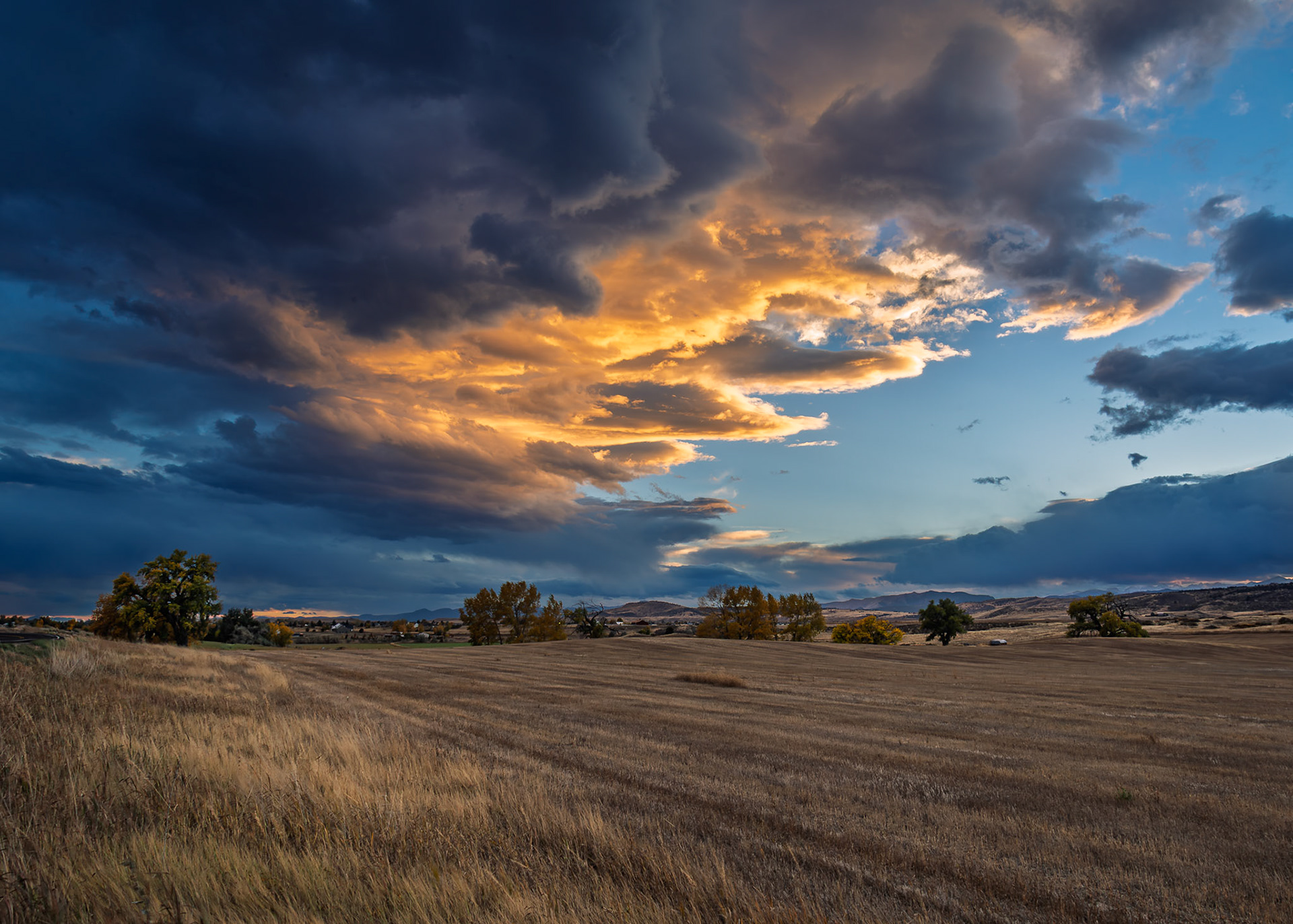 Golden color ignites the underbelly of a brooding storm.