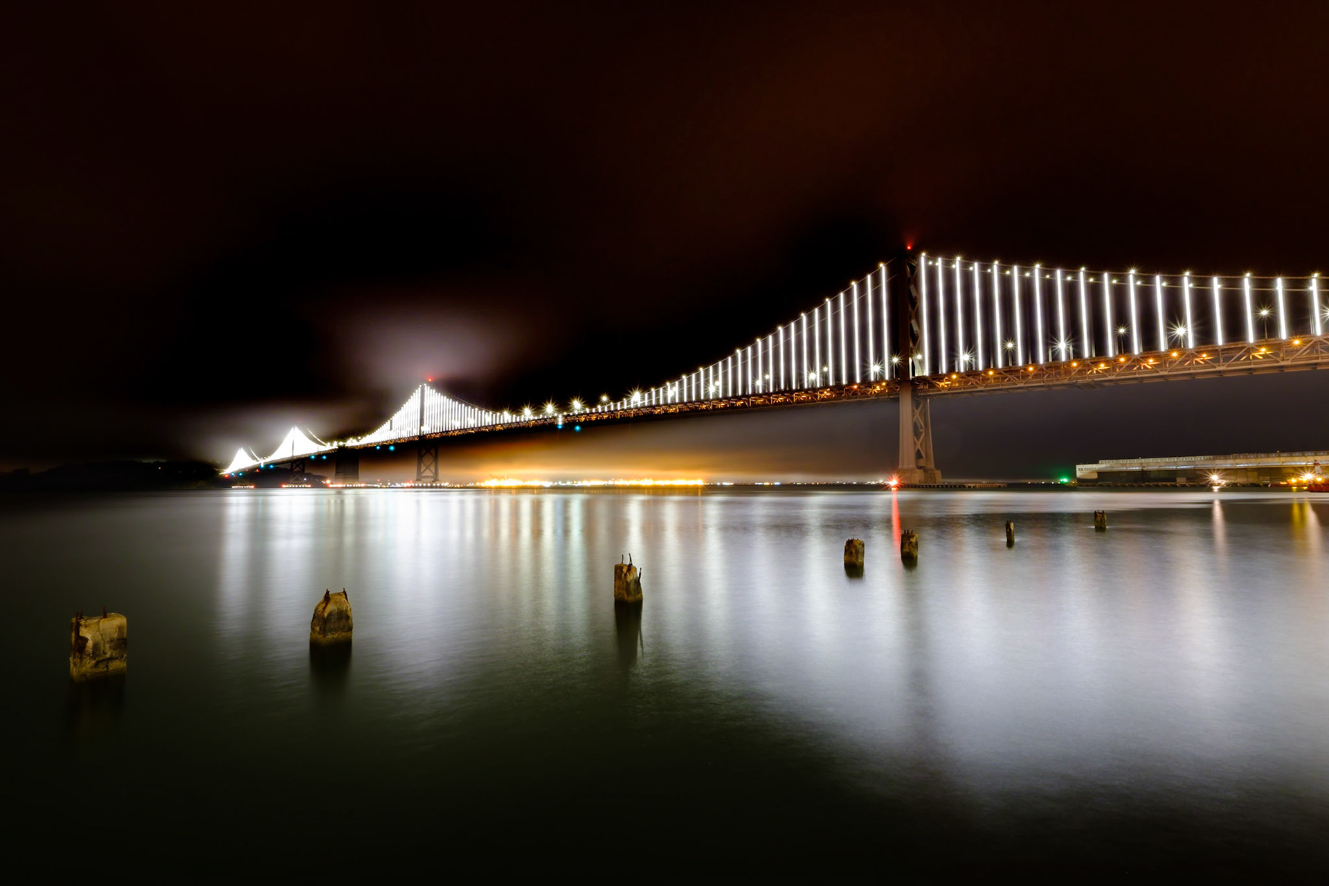 Bay Bridge at night.