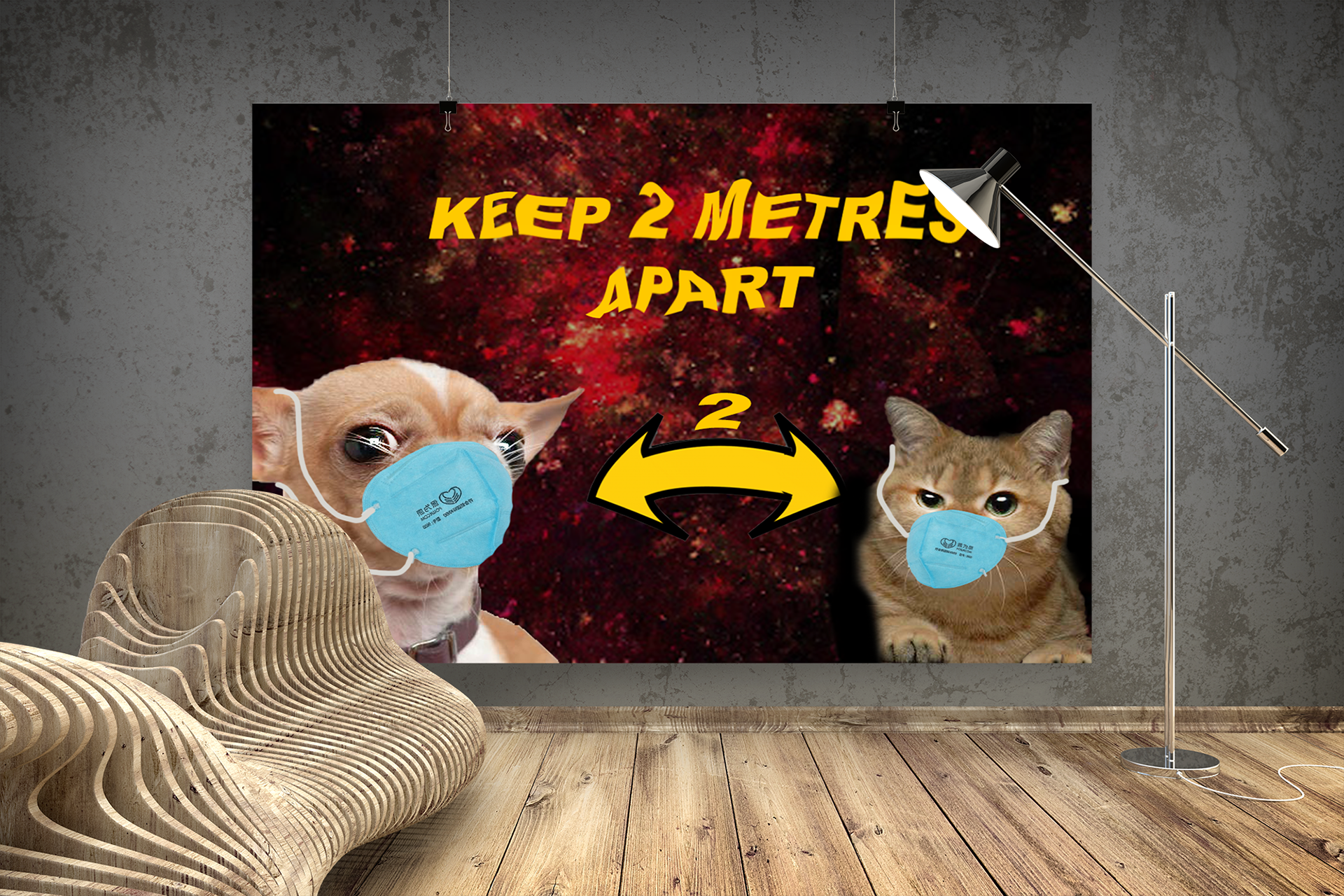 Surrealistic Graphic Design poster to keep the safety measurements during the Covid-19 pandemic