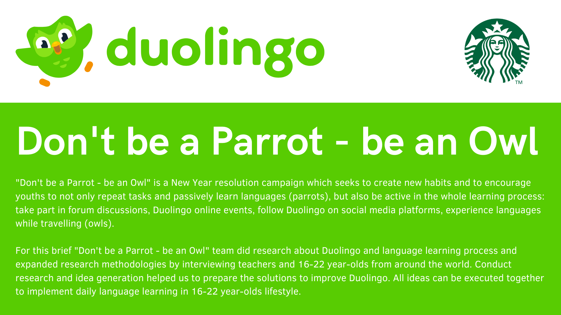 D&AD New Blood Award graphic design project for duo lingo brief. Collaboration with Starbucks