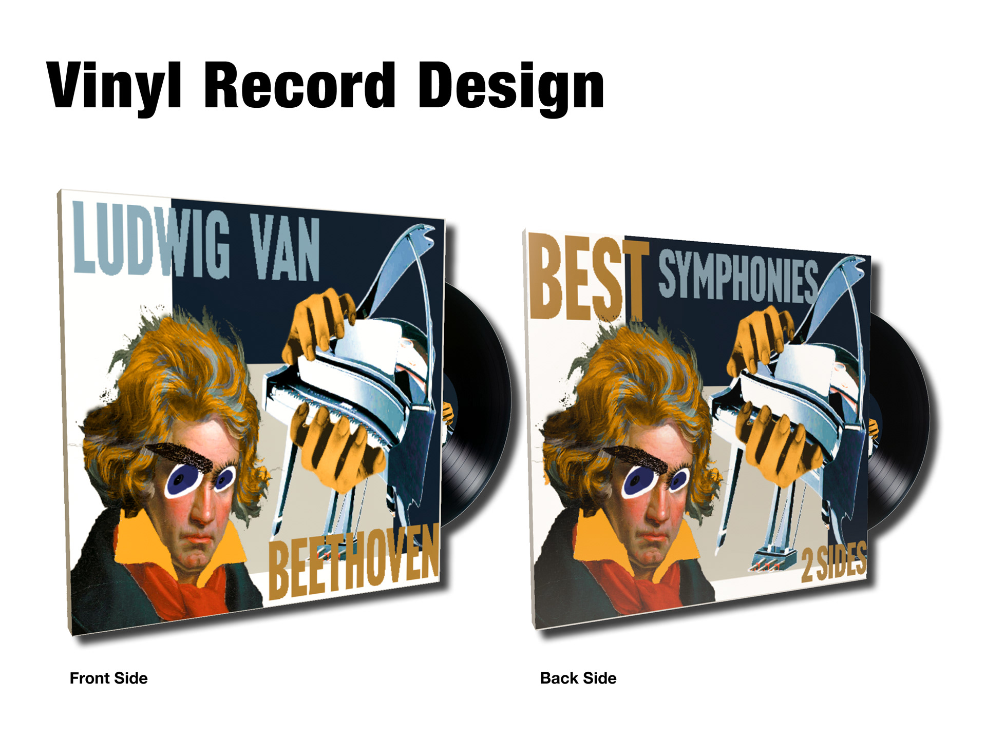 Vinyl record design. Graphic design project finished by art by rad. This graphic design and typography project was addressed for the target audience who thinks that classical music vinyl albums looks "boring". The design project includes research, brainstorm, moodpboard, details, colours and typography