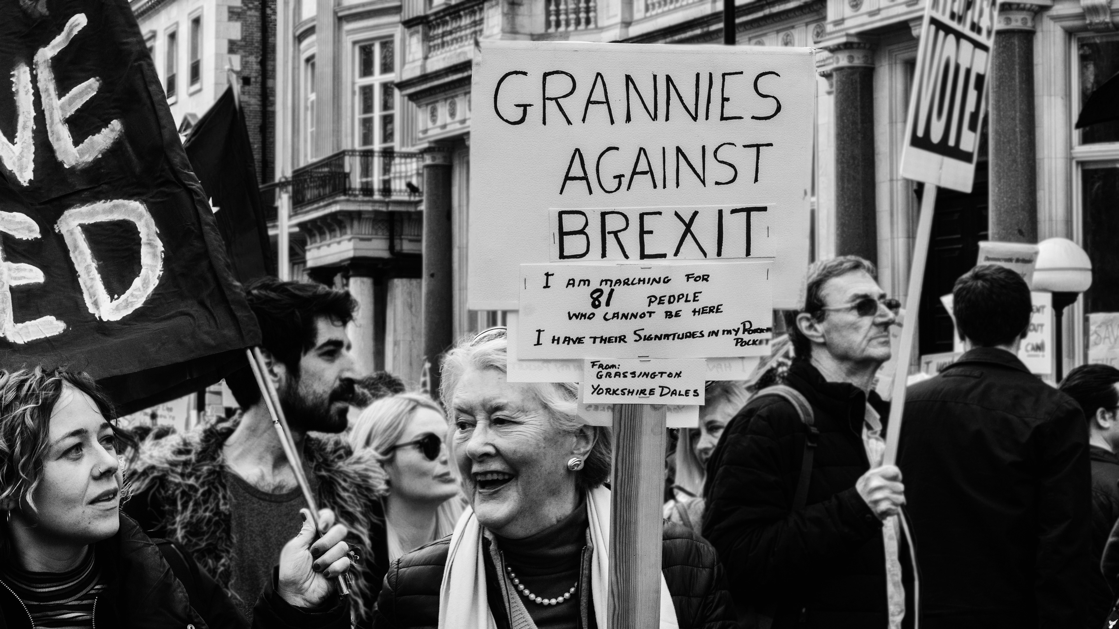 Grannies agains Brexit. Black and white documentary photography of an old ladies attending 2019 Brexit March in London. 