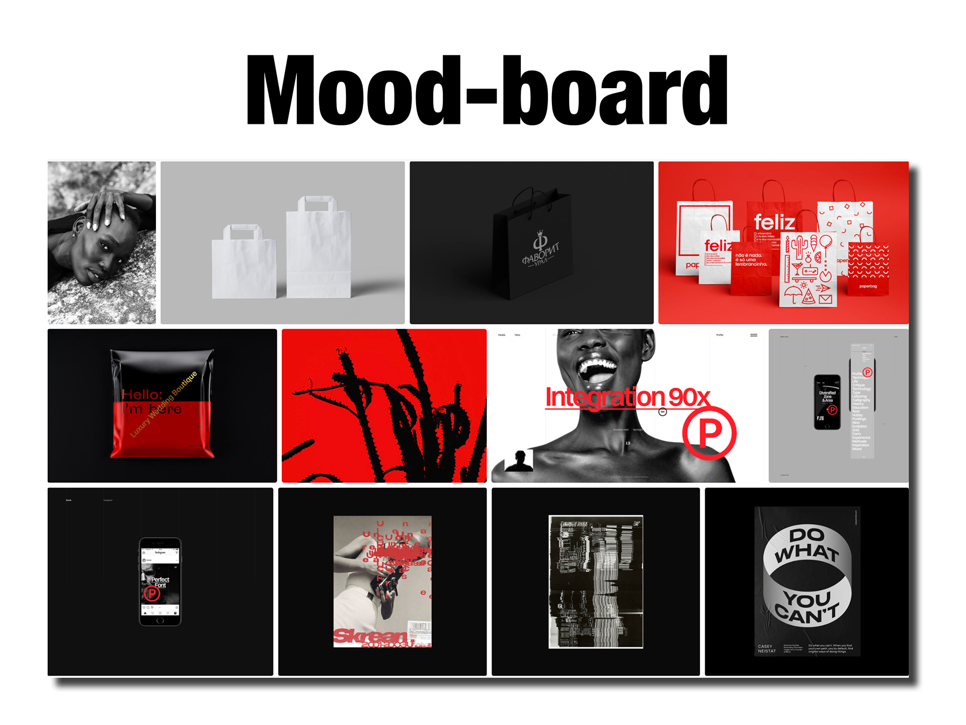 Mood board for package design project.This research and ideas explore red, black and yellow colours